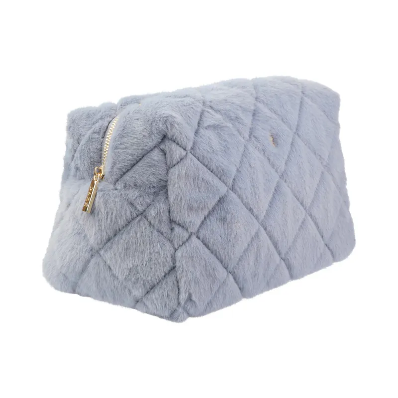 Dark FAUX FUR QUILTED MAKE-UP POUCH LARGE COOL BLUE