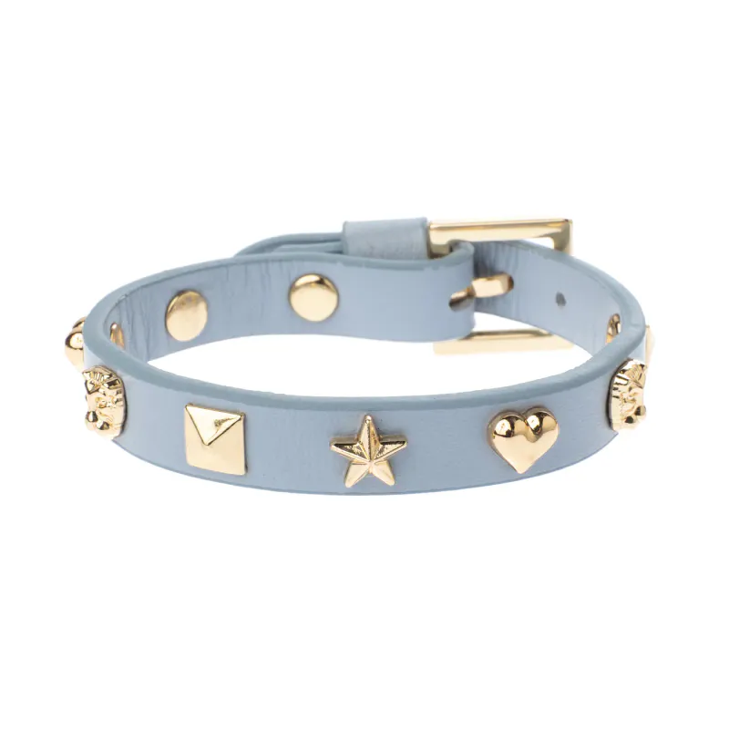Dark LEATHER SIGN STUD BRACELET LIGHT BLUE