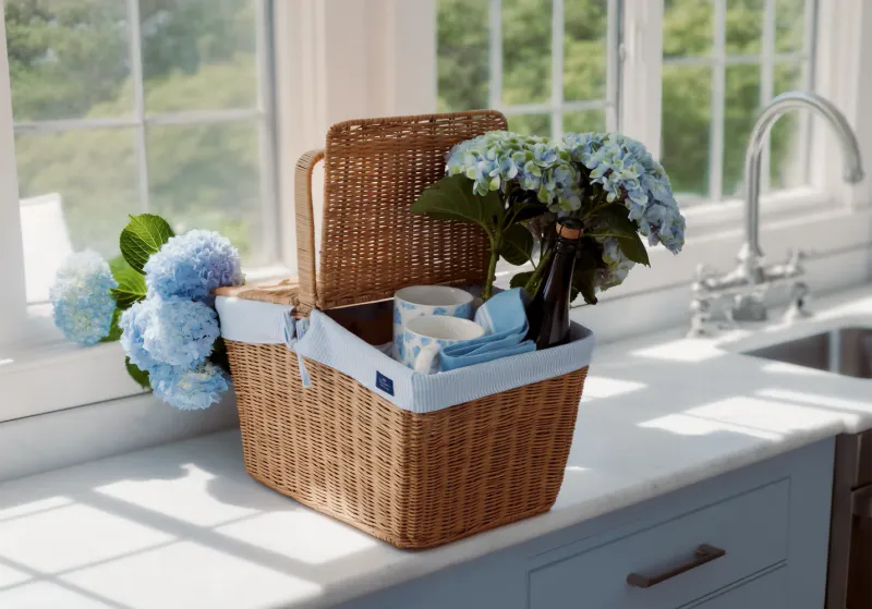 Lexington PIKNIKKURV Rattan med fôr Blå/Hvit