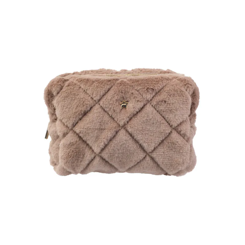 Dark FAUX FUR QUILTED MAKE-UP POUCH SMALL WARM TAUPE