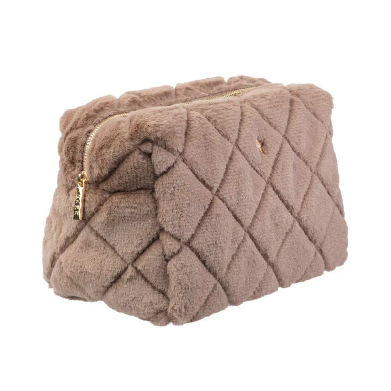Dark FAUX FUR QUILTED MAKE-UP POUCH LARGE WARM TAUPE