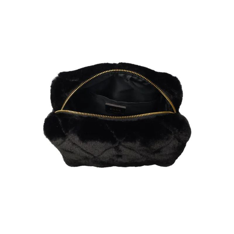 Dark FAUX FUR QUILTED MAKE-UP POUCH SMALL BLACK