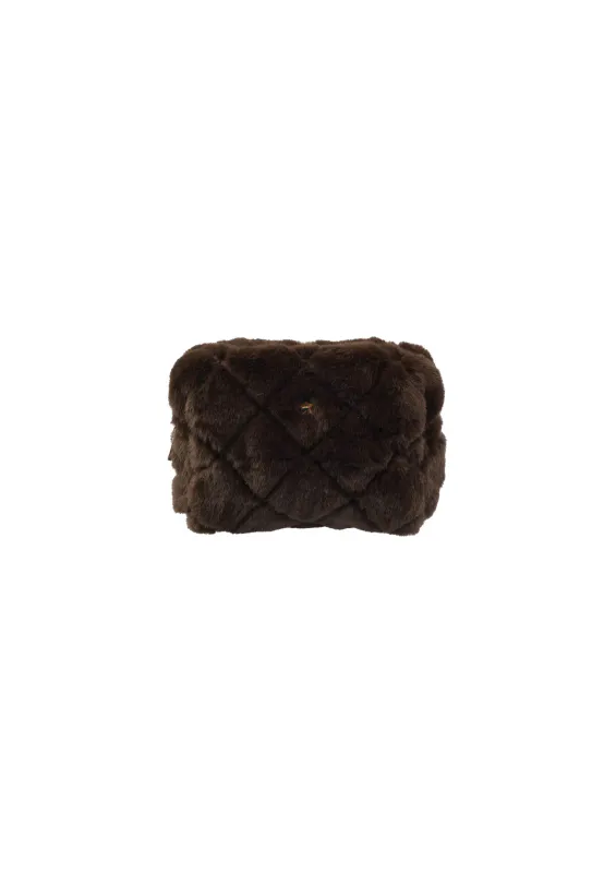 Dark FAUX FUR QUILTED MAKE-UP POUCH SMALL CHOCOLATE BROWN
