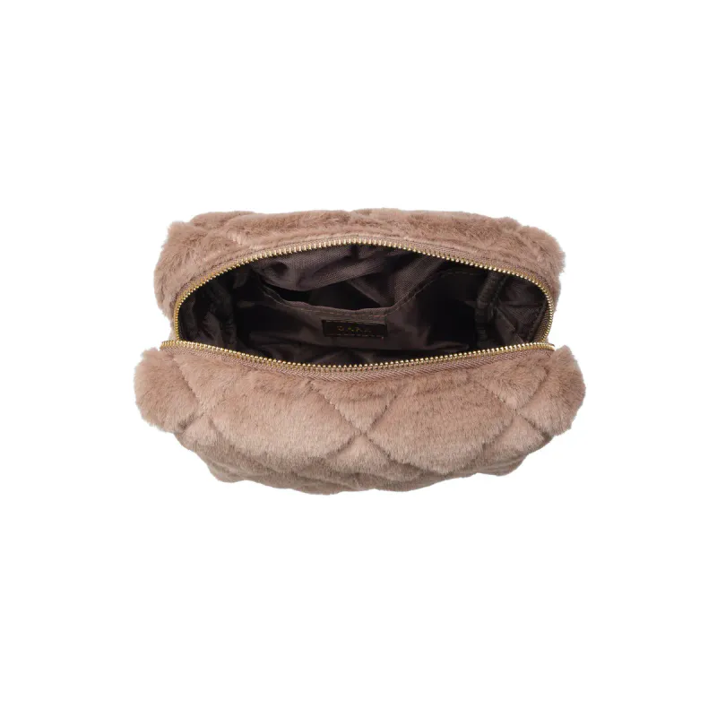 Dark FAUX FUR QUILTED MAKE-UP POUCH SMALL WARM TAUPE
