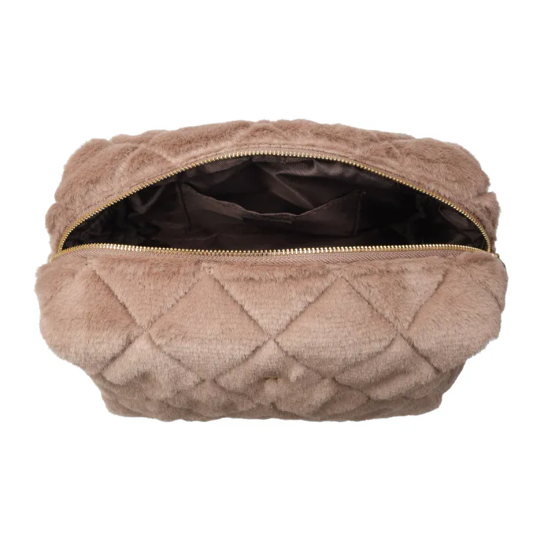 Dark FAUX FUR QUILTED MAKE-UP POUCH LARGE WARM TAUPE